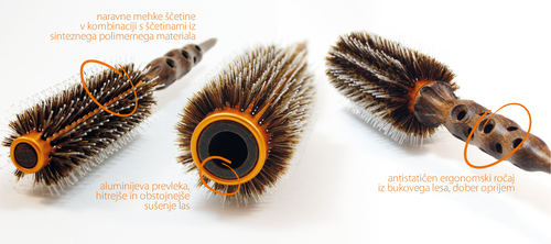 Profesionalne krtače za lase so izdelane iz naravnih mehkih ščetin divje svinje v kombinaciji s ščetinami iz sinteznega polimernega materiala, ki ga odlikuje izjemna odpornost na toploto (do 230 ºC) - na ta način so združene prednosti naravnih in umetnih materialov, kar omogoča širok spekter rabe krtač. 
